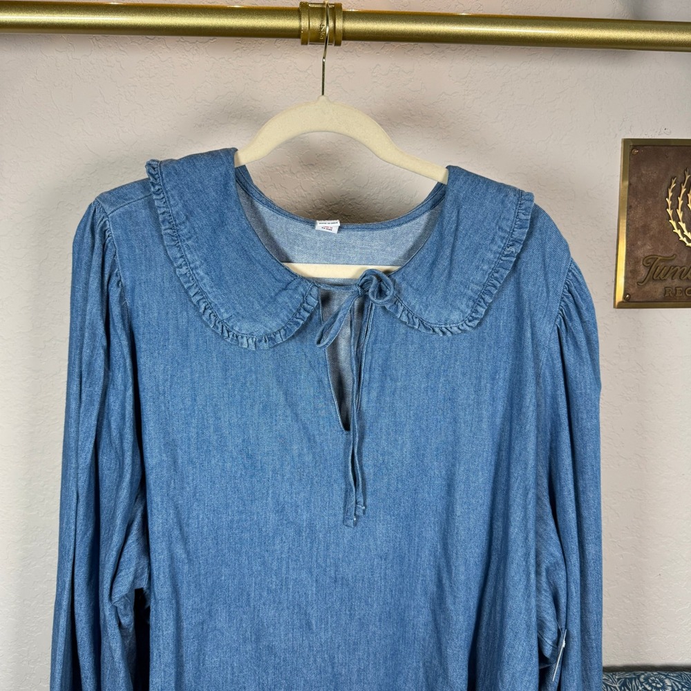 Old Navy Womens XXL Blue Chambray Denim Ruffle Peter Pan Collar Tie Front Blouse - Picture 3 of 7